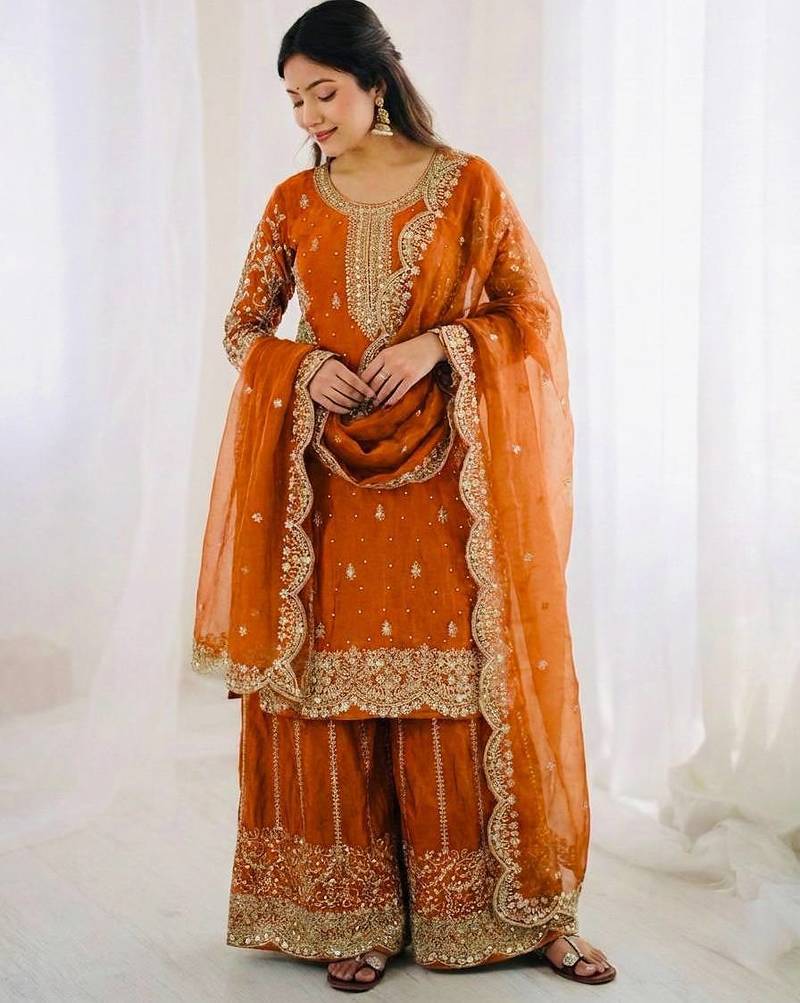 Orange color fendy silk embroidery work wedding wear salwar suit