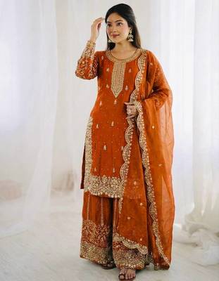 Orange color fendy silk embroidery work wedding wear salwar suit 2