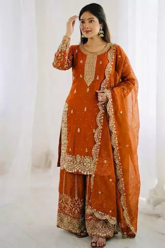 Orange color fendy silk embroidery work wedding wear salwar suit
