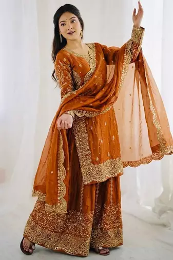 Orange color fendy silk embroidery work wedding wear salwar suit