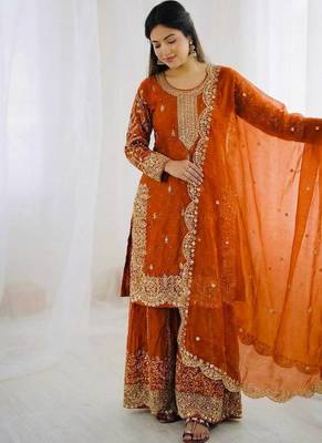 Orange color fendy silk embroidery work wedding wear salwar suit 4