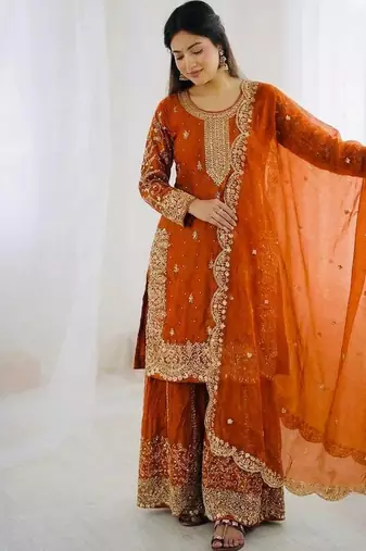 Orange color fendy silk embroidery work wedding wear salwar suit