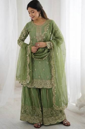 Parrot green color fendy silk embroidery work wedding wear salwar suit