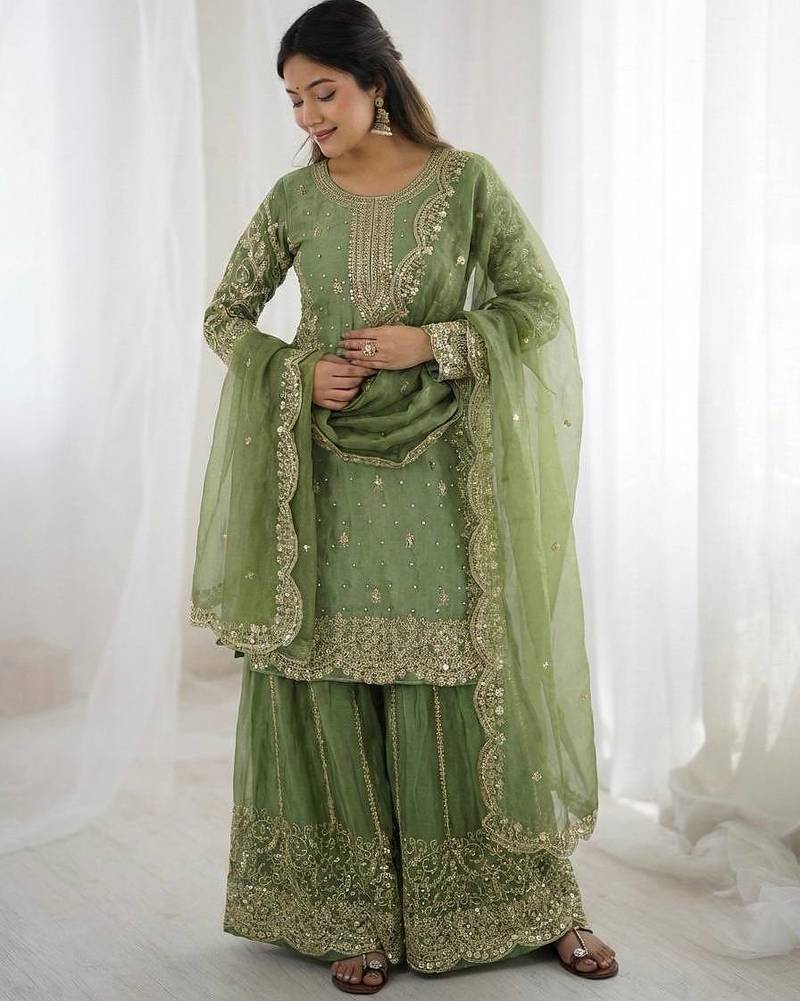 Parrot green color fendy silk embroidery work wedding wear salwar suit