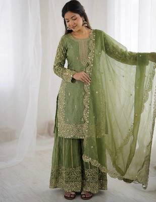 Parrot green color fendy silk embroidery work wedding wear salwar suit 2