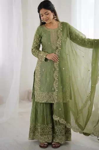 Parrot green color fendy silk embroidery work wedding wear salwar suit