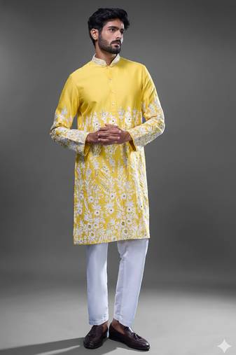 Yellow embroidered, mirror silk kurta pant