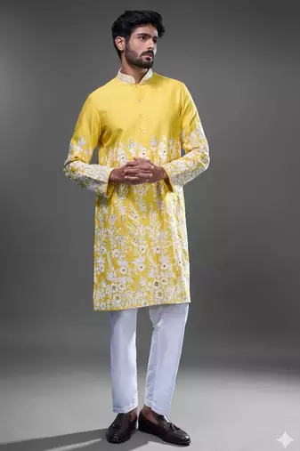 Yellow embroidered, mirror silk kurta pant