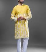 Yellow embroidered, mirror silk kurta pant