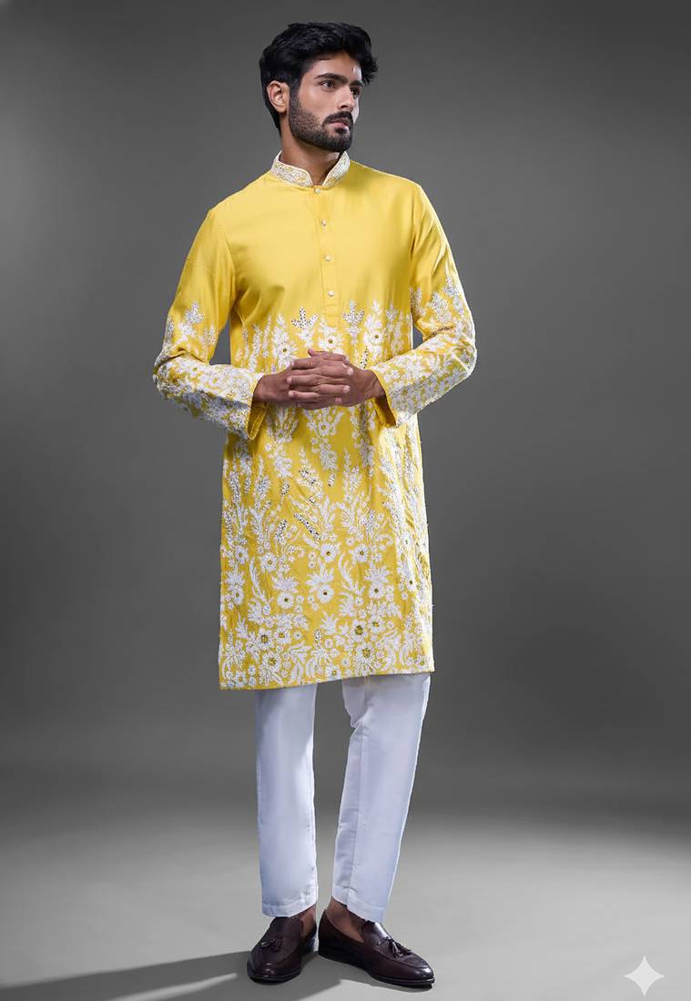 Yellow embroidered, mirror silk kurta pant
