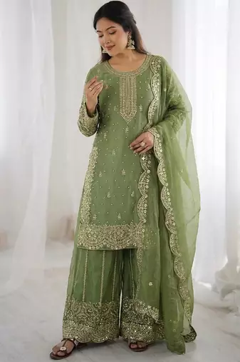 Parrot green color fendy silk embroidery work wedding wear salwar suit