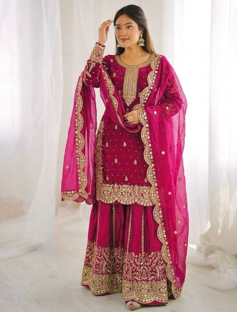 Rani color fendy silk embroidery work wedding wear salwar suit