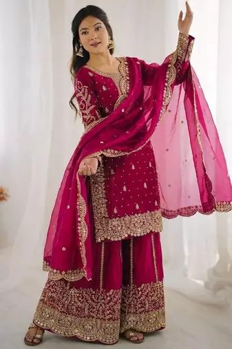 Rani color fendy silk embroidery work wedding wear salwar suit