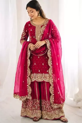 Rani color fendy silk embroidery work wedding wear salwar suit