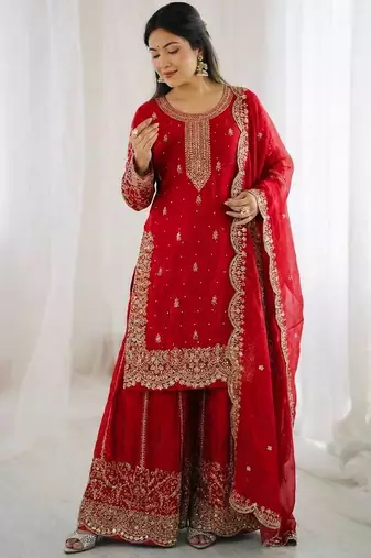 Red color fendy silk embroidery work wedding wear salwar suit