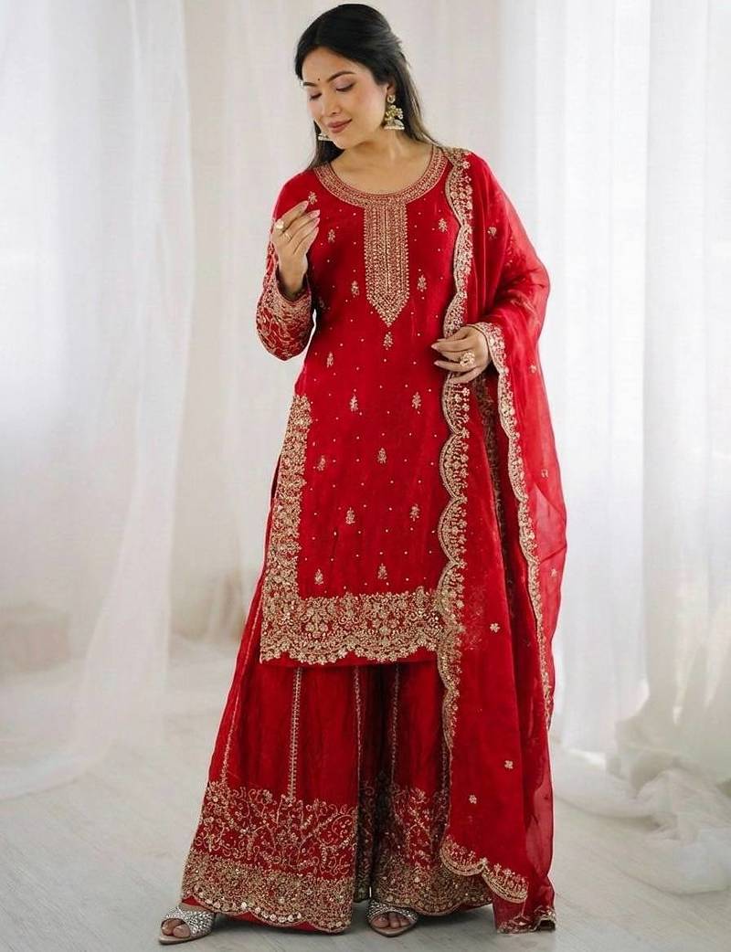 Red color fendy silk embroidery work wedding wear salwar suit
