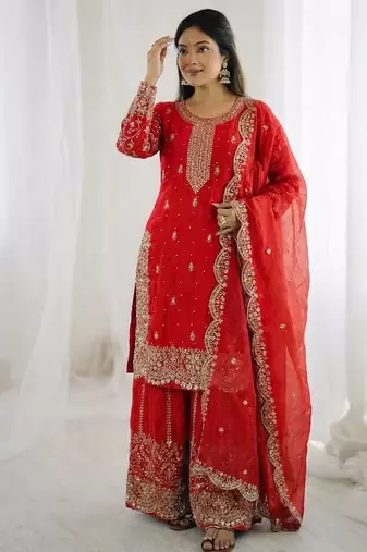 Red color fendy silk embroidery work wedding wear salwar suit