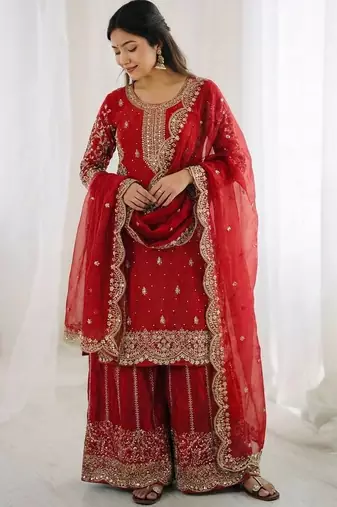 Red color fendy silk embroidery work wedding wear salwar suit
