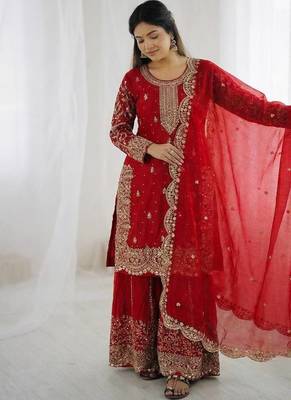 Red color fendy silk embroidery work wedding wear salwar suit 4