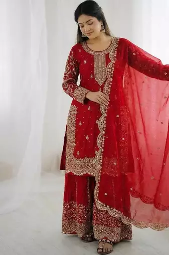 Red color fendy silk embroidery work wedding wear salwar suit