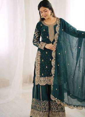 Teal color fendy silk embroidery work wedding wear salwar suit 2