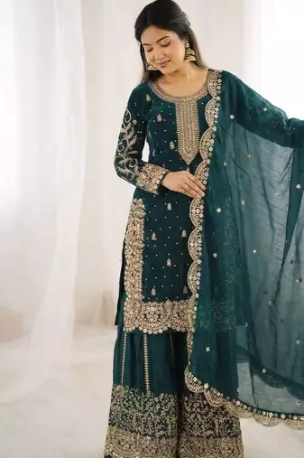 Teal color fendy silk embroidery work wedding wear salwar suit