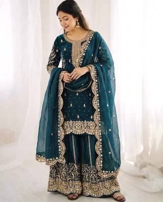 Teal color fendy silk embroidery work wedding wear salwar suit 3