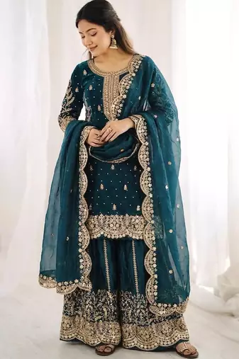 Teal color fendy silk embroidery work wedding wear salwar suit