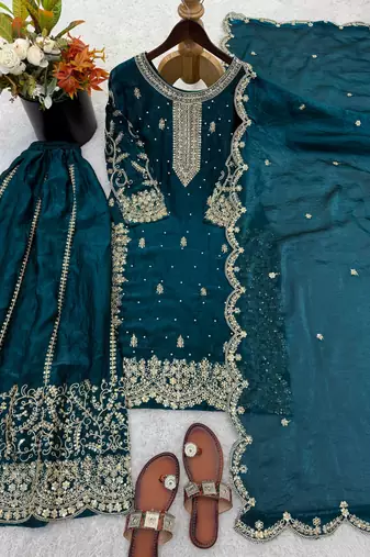 Teal color fendy silk embroidery work wedding wear salwar suit