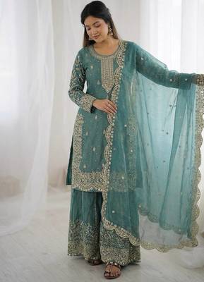 Turquoise color fendy silk embroidery work wedding wear salwar suit 1