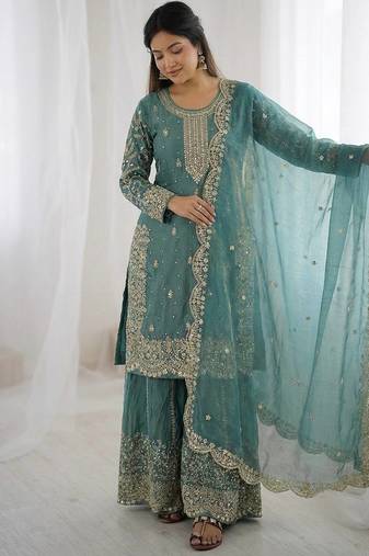 Turquoise color fendy silk embroidery work wedding wear salwar suit