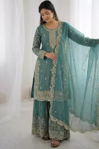 Turquoise color fendy silk embroidery work wedding wear salwar suit