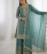 Turquoise color fendy silk embroidery work wedding wear salwar suit