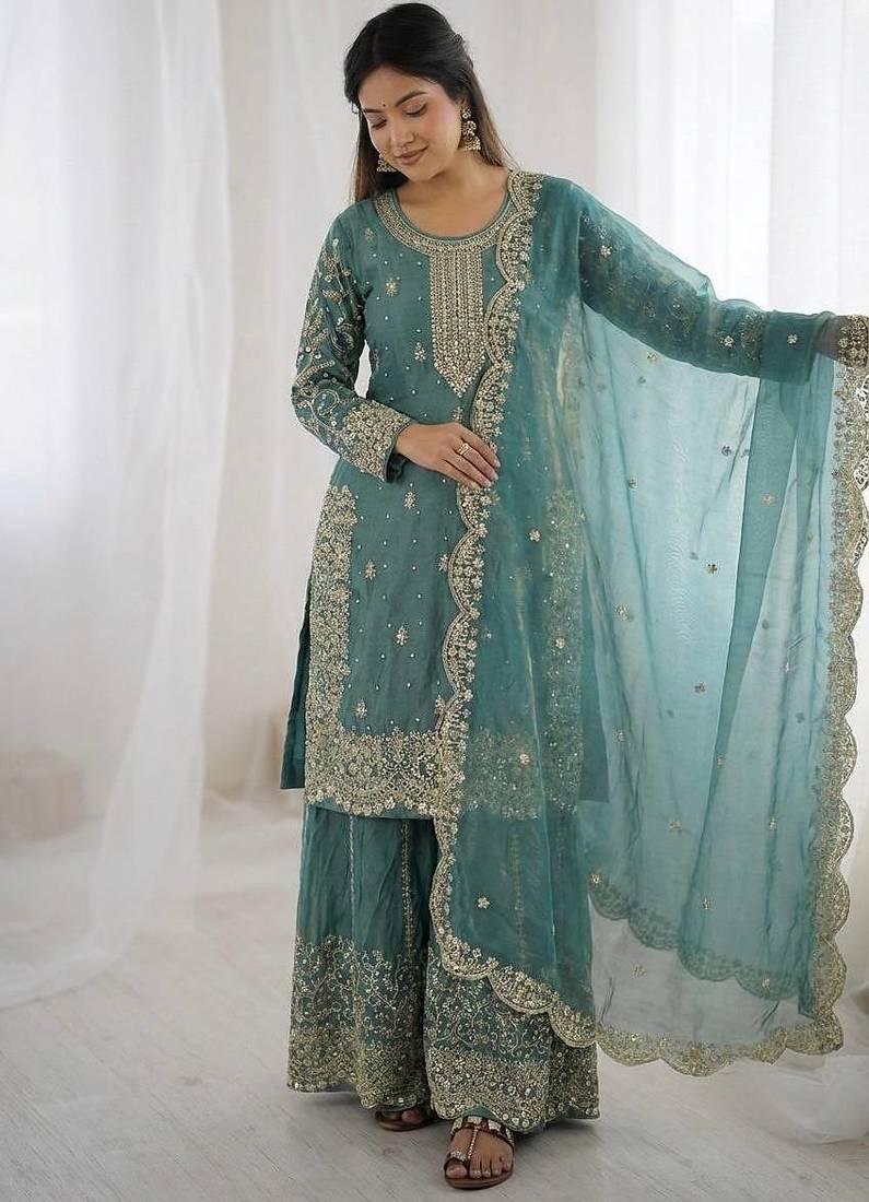 Turquoise color fendy silk embroidery work wedding wear salwar suit