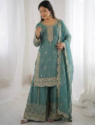 Turquoise color fendy silk embroidery work wedding wear salwar suit 2