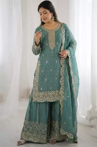 Turquoise color fendy silk embroidery work wedding wear salwar suit