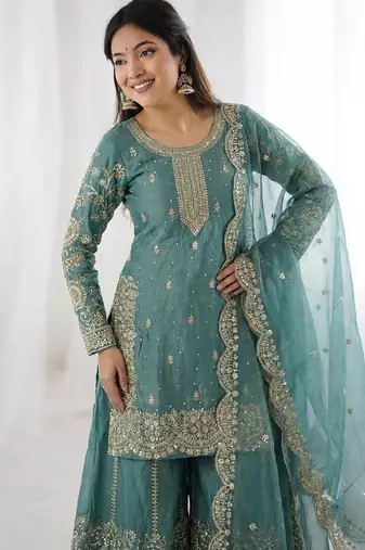 Turquoise color fendy silk embroidery work wedding wear salwar suit