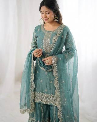 Turquoise color fendy silk embroidery work wedding wear salwar suit 4