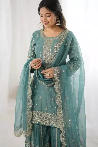Turquoise color fendy silk embroidery work wedding wear salwar suit