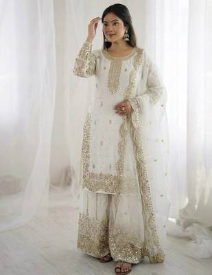 White color fendy silk embroidery work wedding wear salwar suit 1