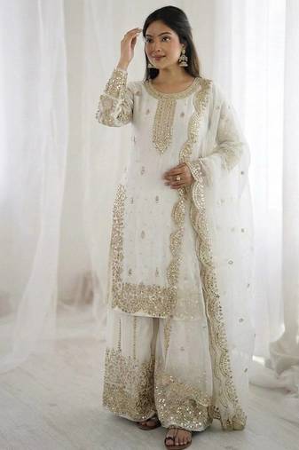 White color fendy silk embroidery work wedding wear salwar suit