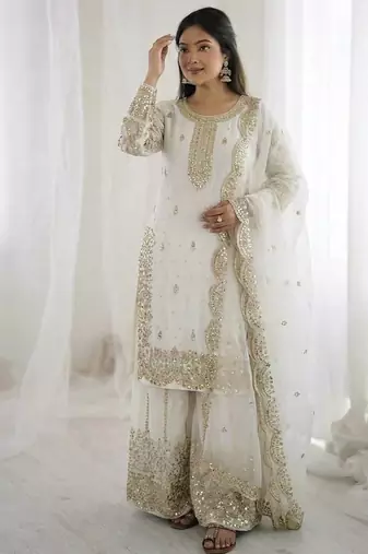 White color fendy silk embroidery work wedding wear salwar suit