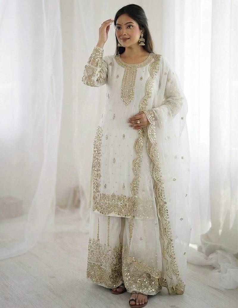 White color fendy silk embroidery work wedding wear salwar suit