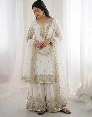 White color fendy silk embroidery work wedding wear salwar suit 2