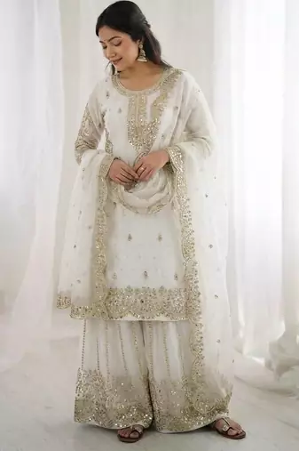 White color fendy silk embroidery work wedding wear salwar suit