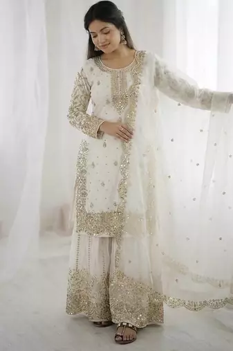 White color fendy silk embroidery work wedding wear salwar suit