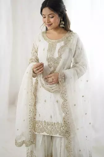 White color fendy silk embroidery work wedding wear salwar suit