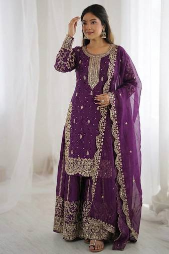 Wine color fendy silk embroidery work wedding wear salwar suit