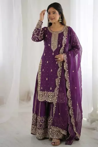 Wine color fendy silk embroidery work wedding wear salwar suit