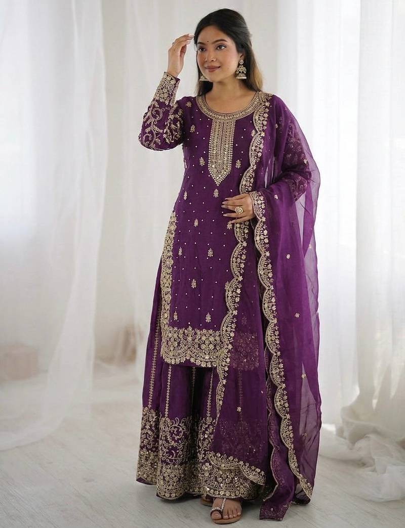 Wine color fendy silk embroidery work wedding wear salwar suit